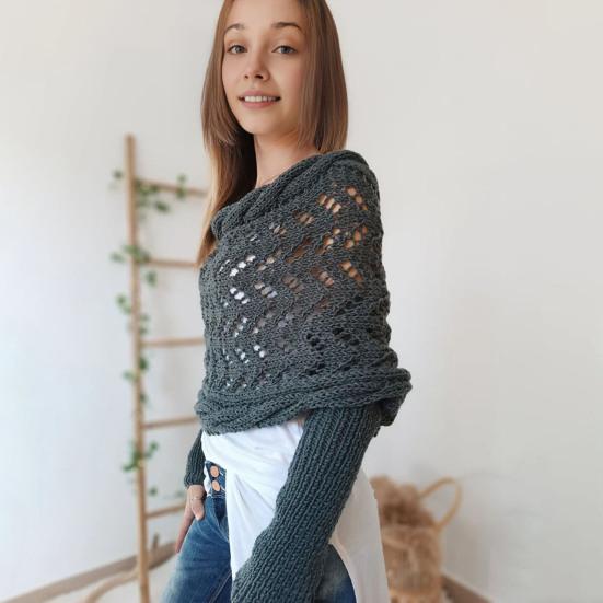 Pletená kabelová zavinovací šála s rukávy Šála v měkkém bohémském stylu Dutý vzor háčkování Cross Wrap Šála Svetr Wrap
