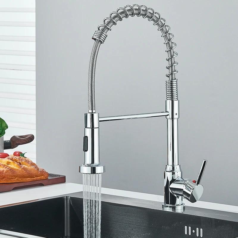 Chrome Spring Pull Down Kitchen Faucets Stream Spray Head Hot Cold Water Tap Stainless Steel Rotation Kitchen Mixer Tap Crane