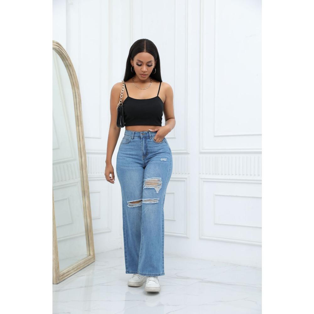 Women's Mid Rise Ripped Wide Leg Flare Jeans Loose Fit Denim Pants Urban Commuter Casual Trousers