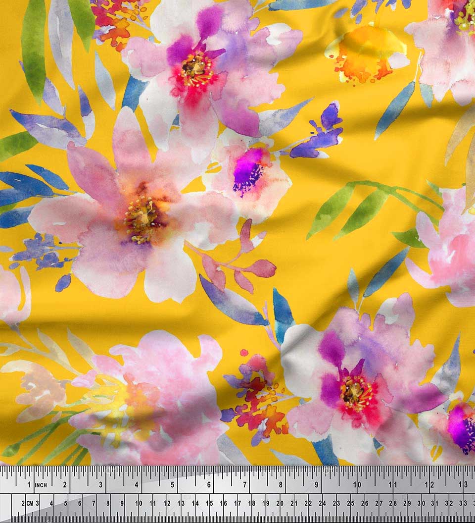 

Тканина Soimoi Japan Crepe Satin Leaves & Peony Flower Print Тканина на метр 42 дюйма 42 Inch Wide - Poly Crepe жовтий
