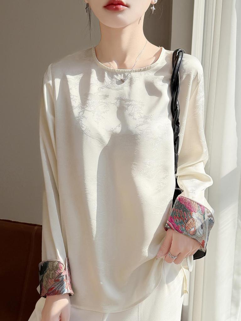 2026 New Spring & Autumn Chinese Style Embroidered Jacquard U-Neck Long-Sleeve Loose Pullover Women's Top