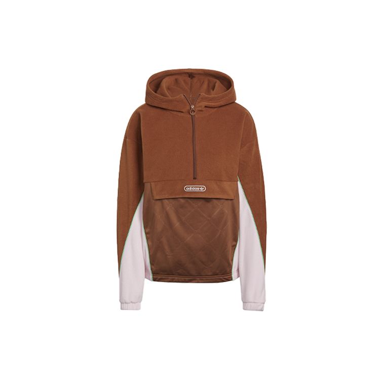 Adidas Originals Trefoil Hoodie American Vintage Color Block Half Zip Sports Sweatshirt Women Hoodies Brown HL0050