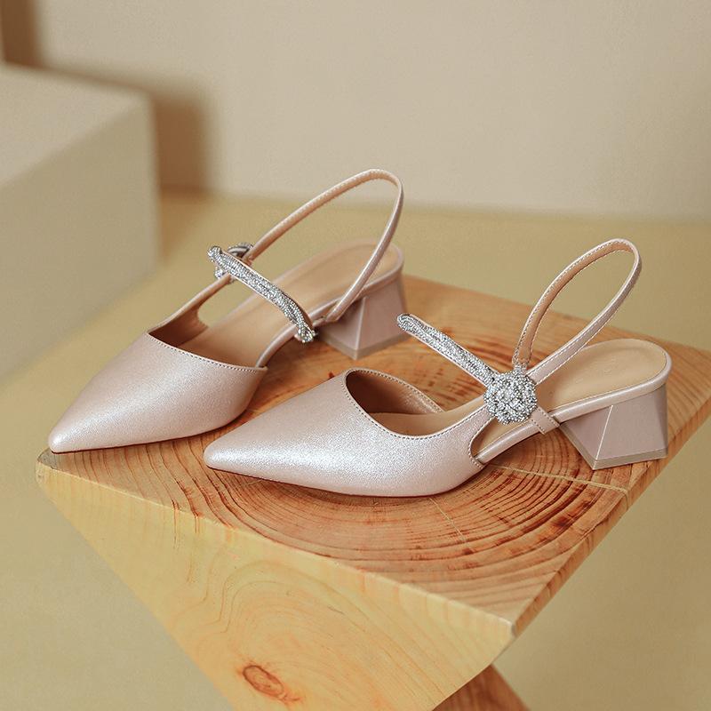 Baotou sandals women's 2025 new summer French Mary Jane shoes thick heel silver word with pointed high heels