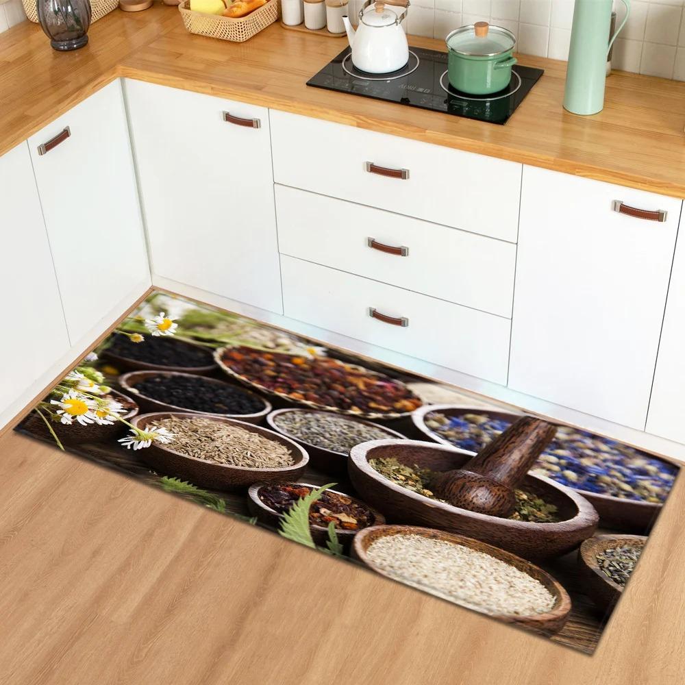 Tappetini per Pavimento Cucina di Casa con Motivo di Ingredienti e Spezie Decorazione Ingresso Tappetini per Pavimento