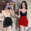 Sommer neues Taille dünn Kontrastfarbe Spleißspitze sexy tief ausgeschnitten Rock kleines V-Ausschnitt Trägerkleid