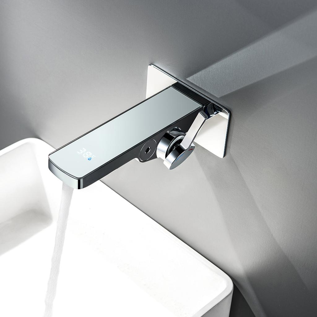 Tuqiu Bathroom Basin Faucet Brass Wall Mouted Gray Sink Faucet Digital Display Faucet Hot & Cold Wash Faucet Water Tap