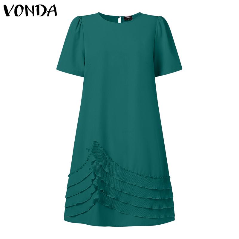 VONDA Summer Women Round Neck Ruffled Layer Short Sleeve Dresses