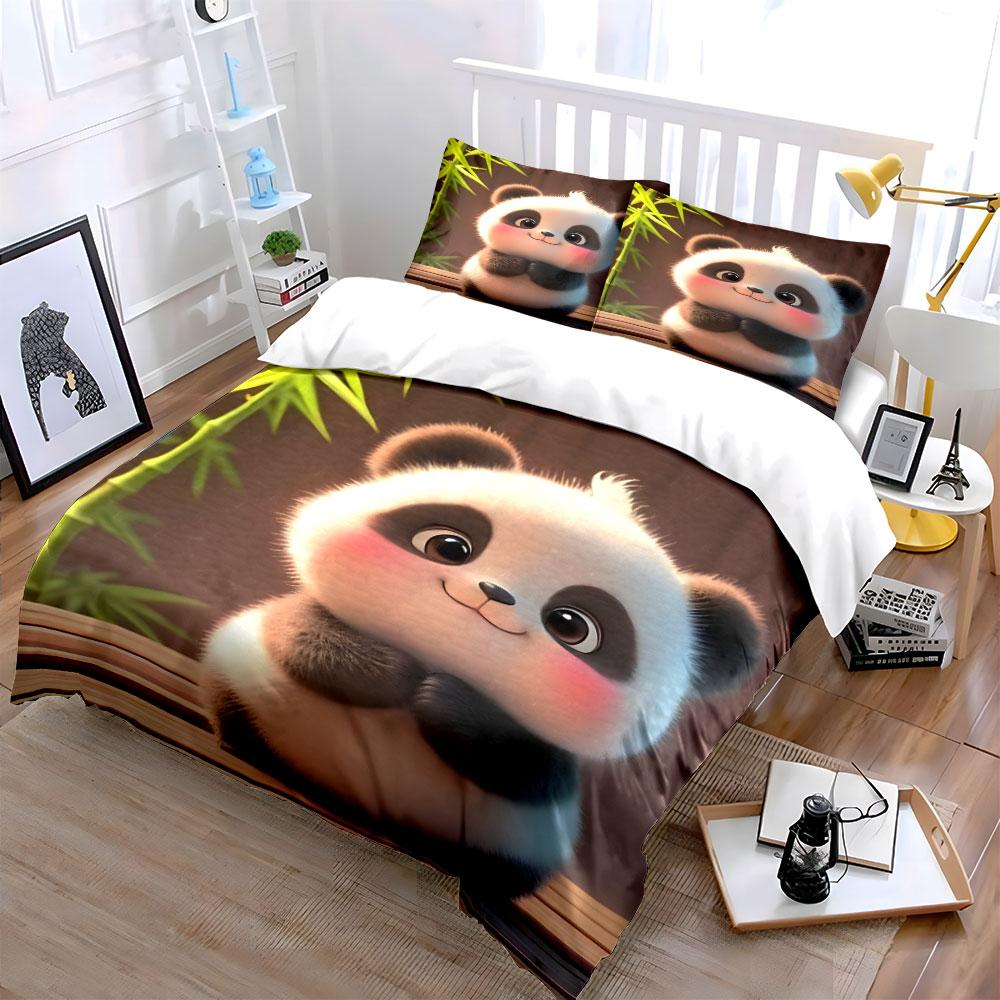 Adorable Baby Panda Smiling Gently Duvet Cover Set With 3D Printing Design Soft Polyester Bedding Set All-Season Comfort
