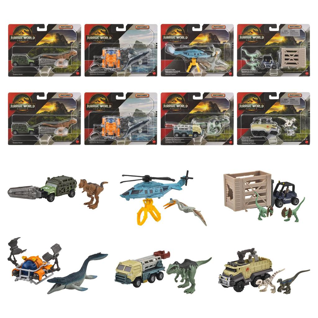 Matchbox Jurassic World Transporters Assortment Vehicle Dinosaur and Mini Box Ages Toys, Minifigures, Cars, 8-Car Set, Set, 3+, Multi-Purpose,