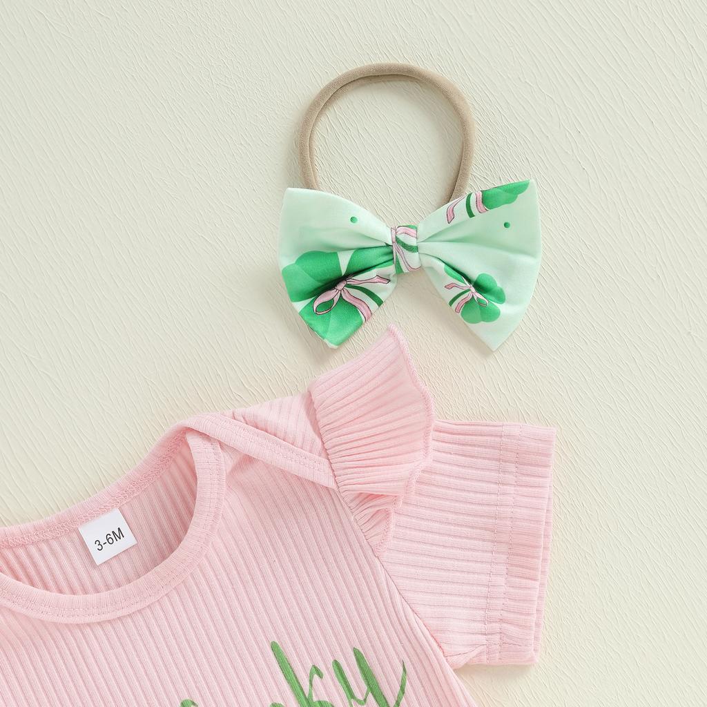 Baby Girls Irish Clothes Short Sleeve Letter Print Romper with Shamrock Print Flare Pants and Headband