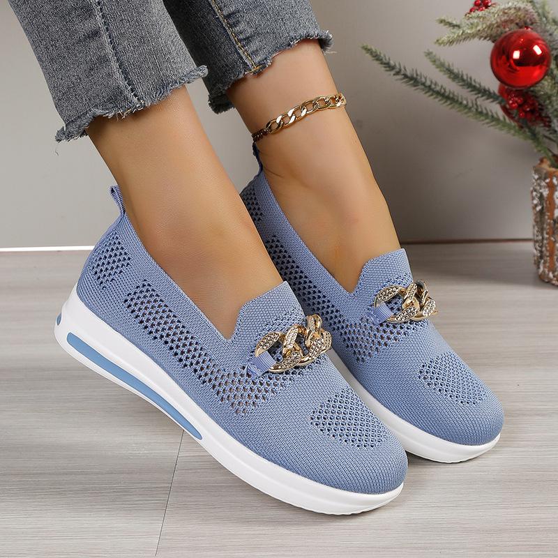 European and American New Large-size Foreign Trade Women's Shoes Fly-woven Breathable Hollow Upper Metal Chain Slope Heel Casual Single Shoes 43