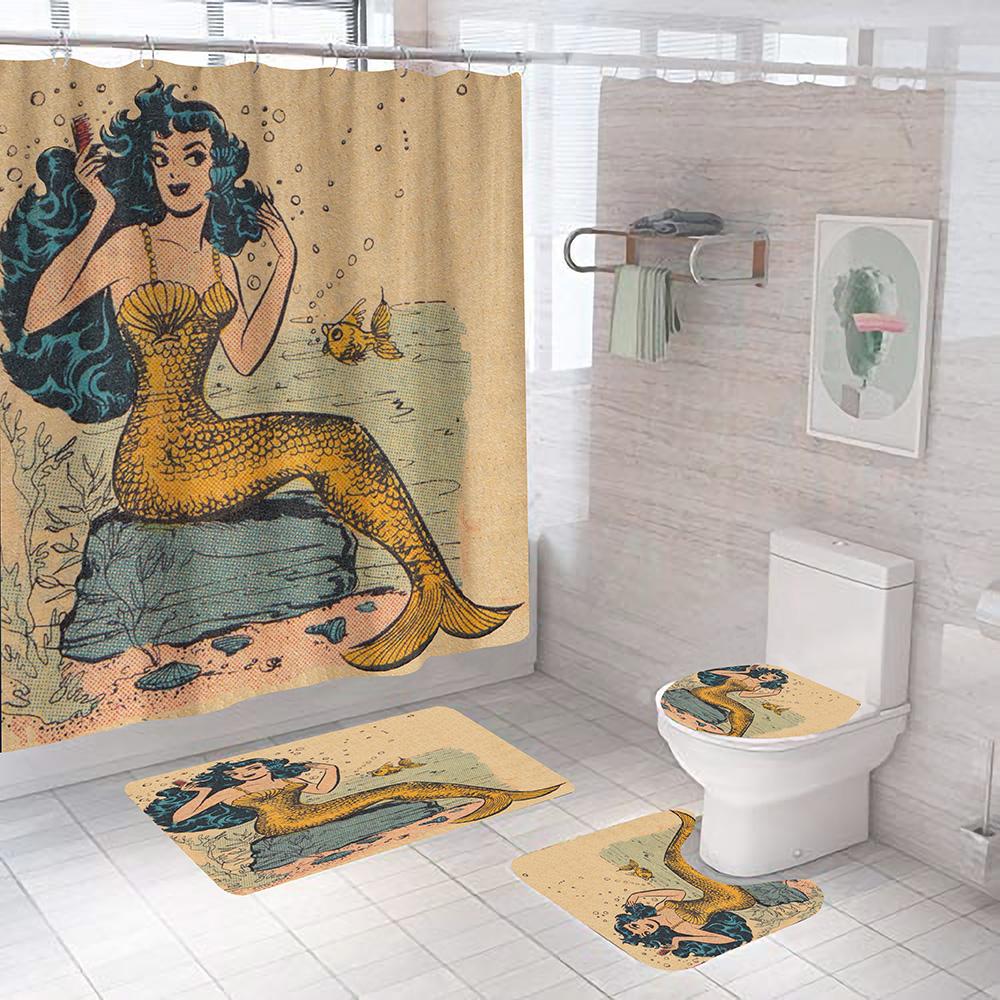 Sexy Mermaid Print Shower Curtains Set High Quality Bathroom Curtain Set Anti-Slip Bath Rug Mat Soft Carpet Toilet Lid Cover