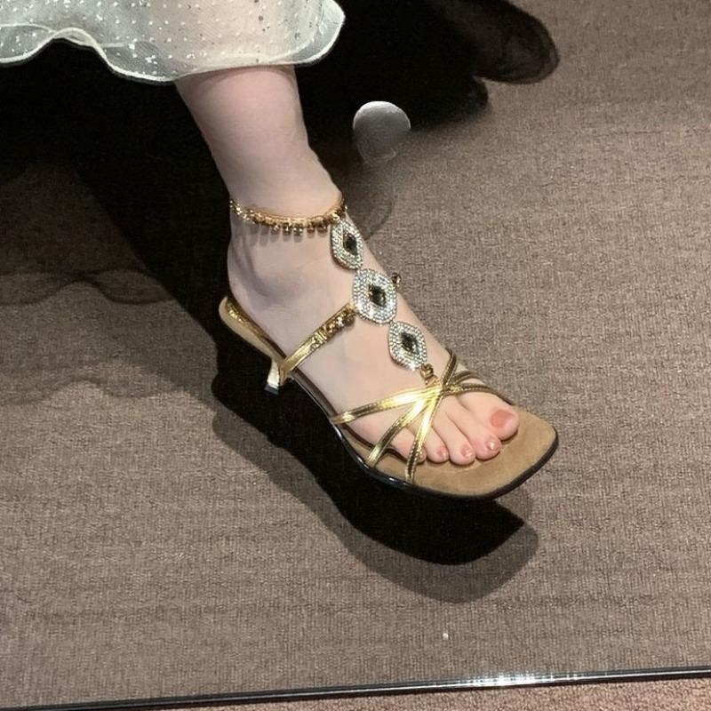 Fashion Rhinestone Sandals Women's Summer New Temperament Outside Fashion Metal One-word Buckle Stiletto High Heels