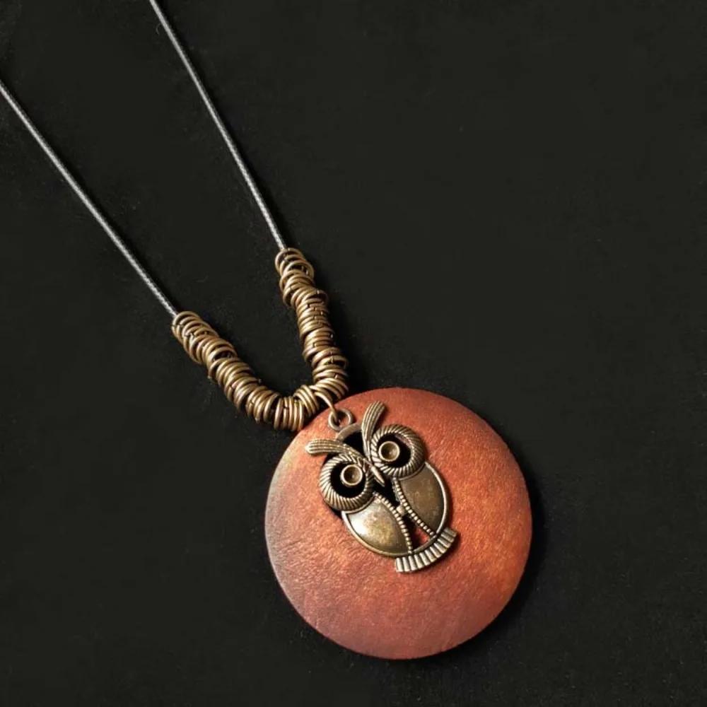 Retro Legno Foglia Gufo Lunga Catena Maglione Etnica Collana Rotonda Donne Ciondolo Orologio Gioielli Femminili Accessori per il Collo Regali Collare