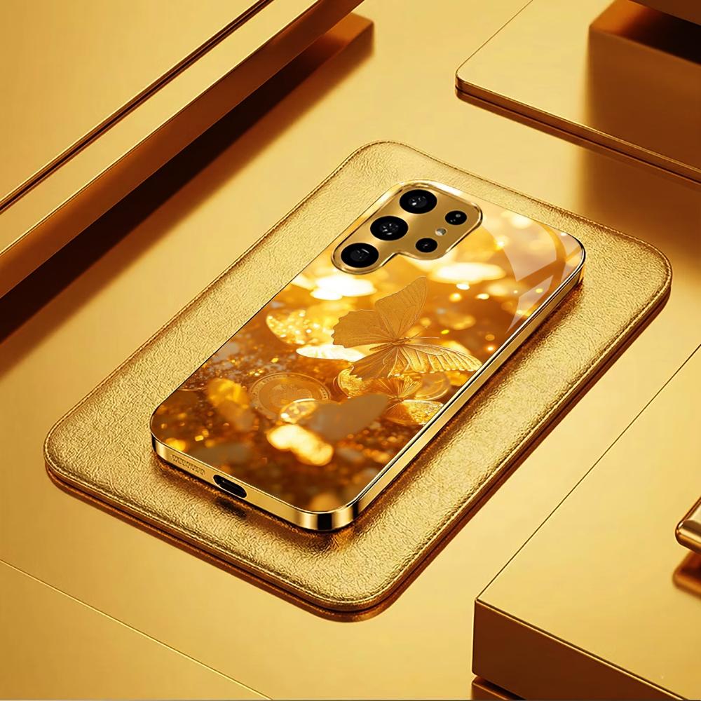 Goldener Schmetterling Glas Handyhülle für Samsung Galaxy S26 S25 S24 S23 S22 FE Ultra Plus Eingebautes Glas Gold Exquisit Wunderschön