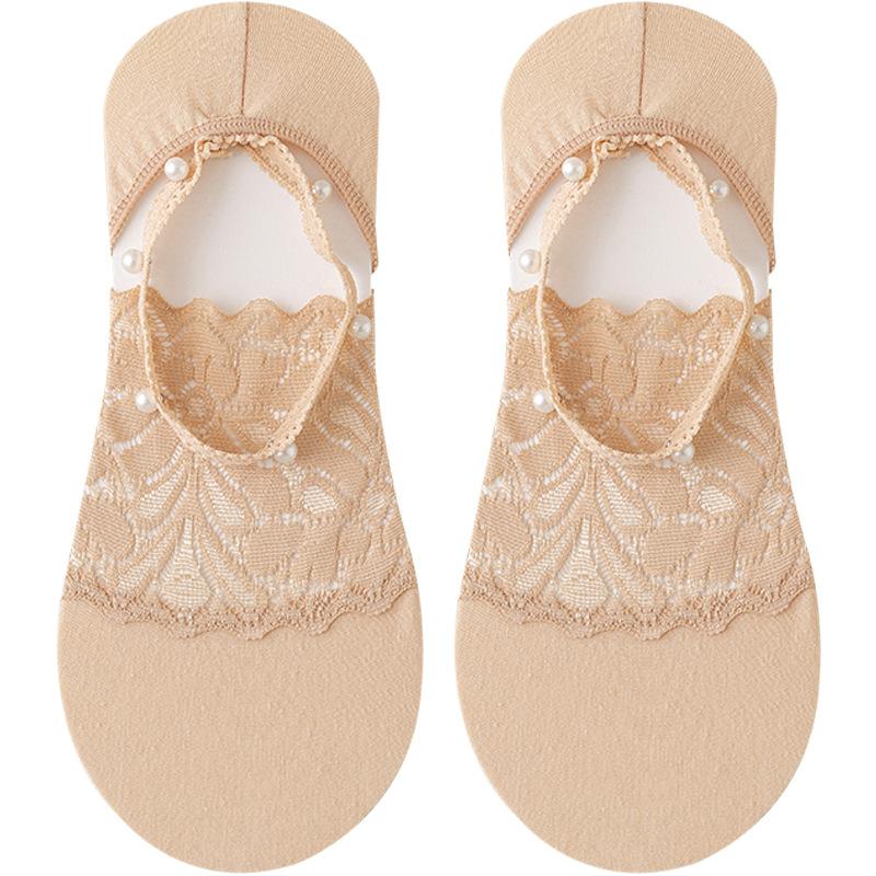 Female Spring and Summer Thin Lace Pearl Shallow Mouth Anti Slip Anti Take Off with Mesh Invisible Halter Boat Socks