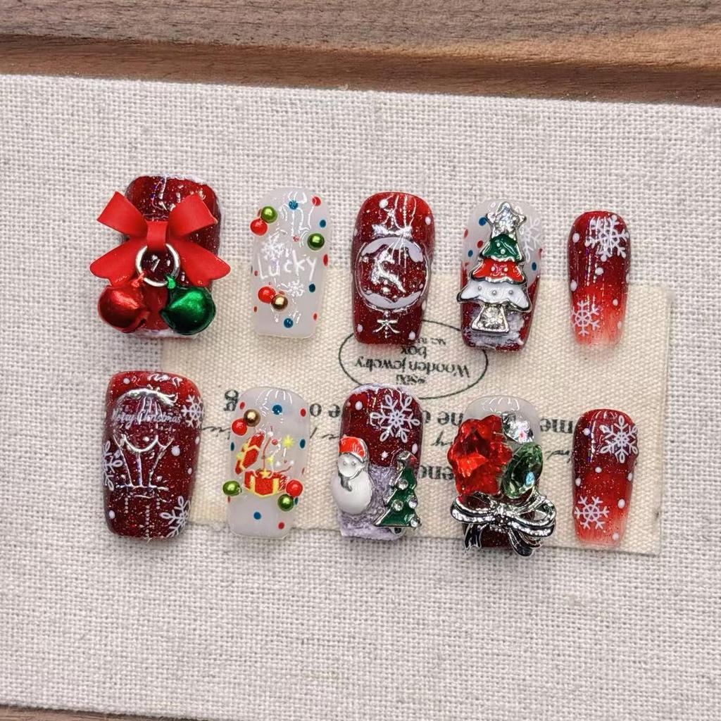 Handmade Christmas Almond False Nail Tips - High-End Whitening Short Manicure