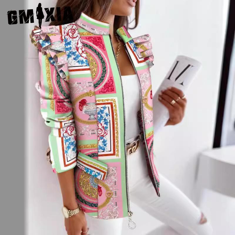 GMXIA Giacche e cappotti a maniche lunghe autunno inverno con stampa casual vintage a reticolo da donna