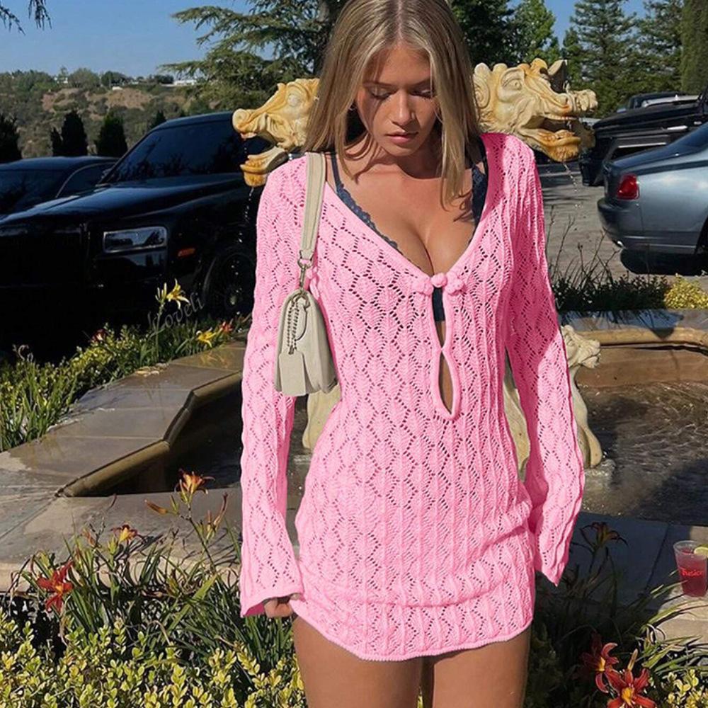 

Новая летняя сексуальная ажурная вязаная пляжная юбка, бикини, купальник, платье-худи L розовый