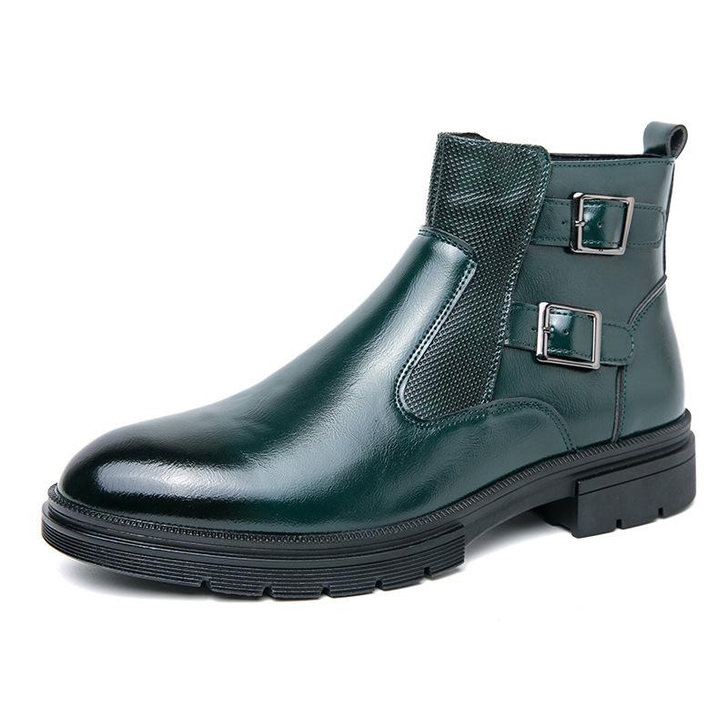 Men's High-Top Plus Size Double Buckle Leather Boots - British Style, Slip-On, Martin Design, Autumn Winter Collection