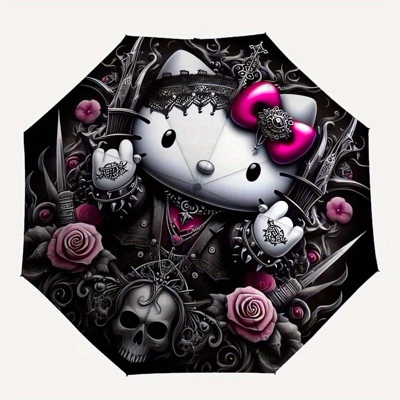 Gothic Hello Kitty Automatic Folding Umbrella-Simple 8-Rib Design, Bright Cartoon Pattern, Durable Iron Frame, Suitable For Travel, Outdoor,