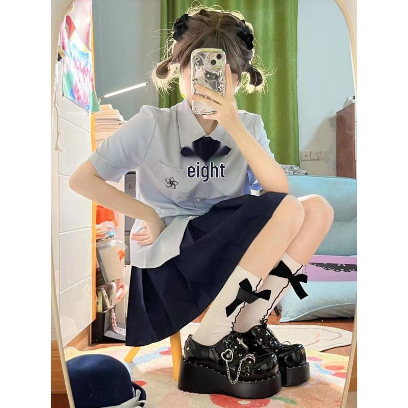 

White and Blue Academy Style Embroidery Short Sleeve Summer JK Uniform Set L