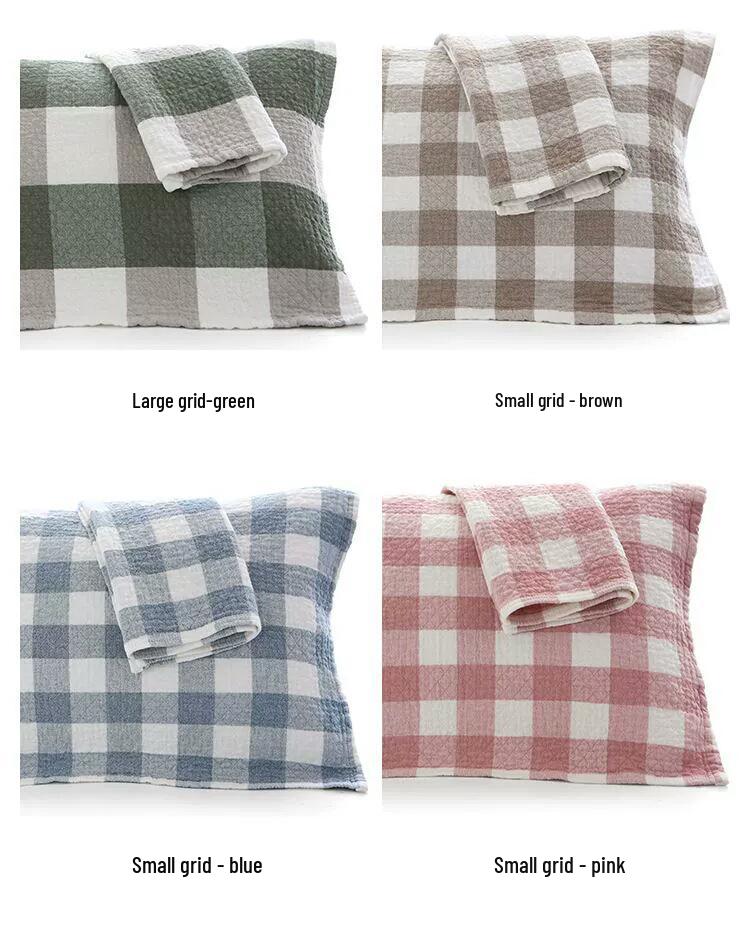 Three-Layer Washed Cotton Plaid Gauze Pillowcase - Soft, Breathable, Sweat-Absorbing Japanese Style