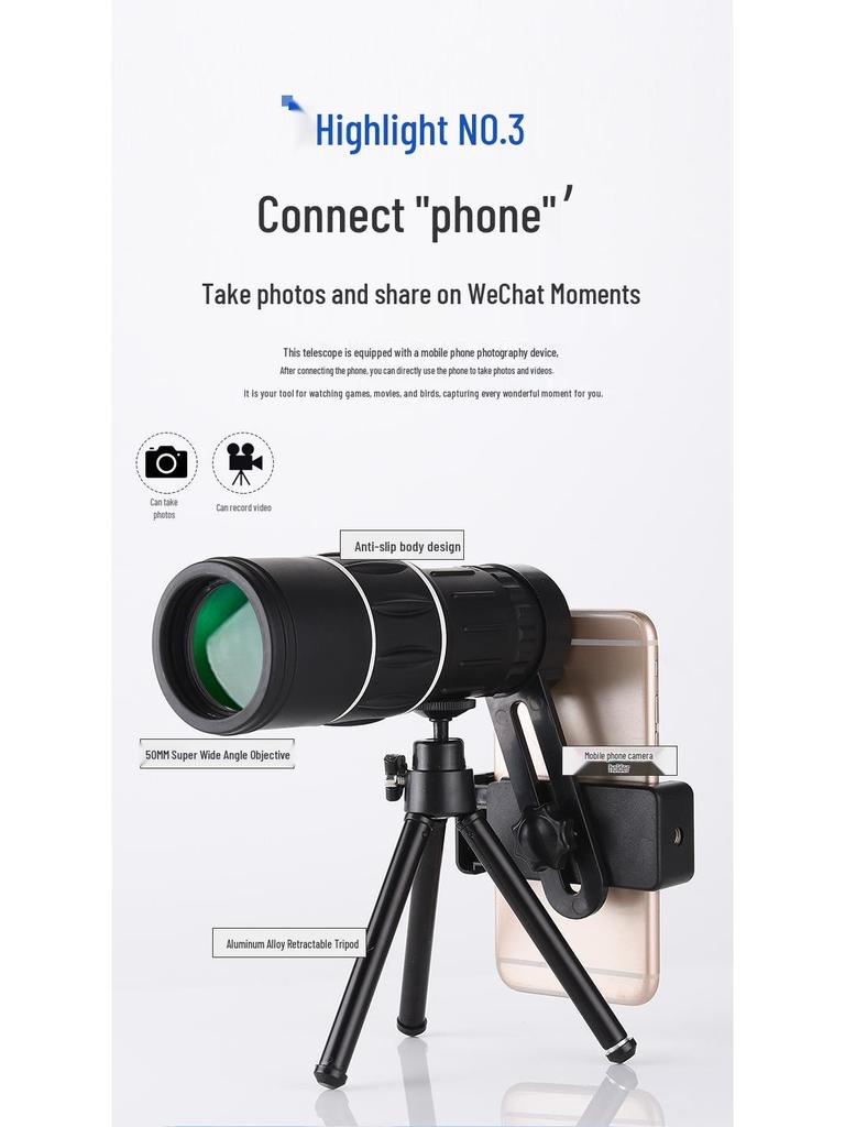 Télescope monoculaire haute puissance 16X52 pour faible luminosité pour photographie mobile, utilisation extérieure portable