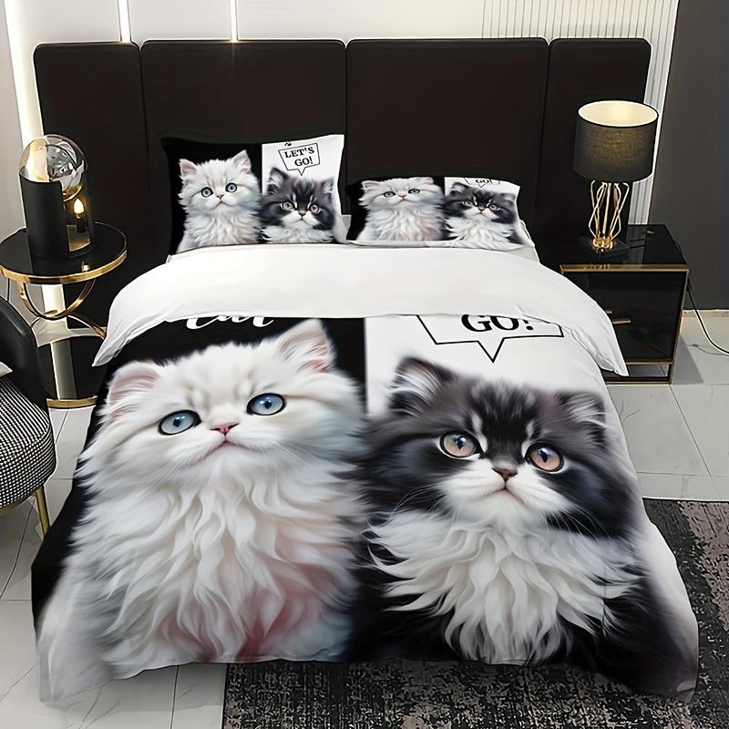 Adorable Cat & Kiten Print Beding Set Includes 1 Soft with Soft Fabric Duvet Cover 2 Pilowcases Al Seasons for Home or Dorm Decor