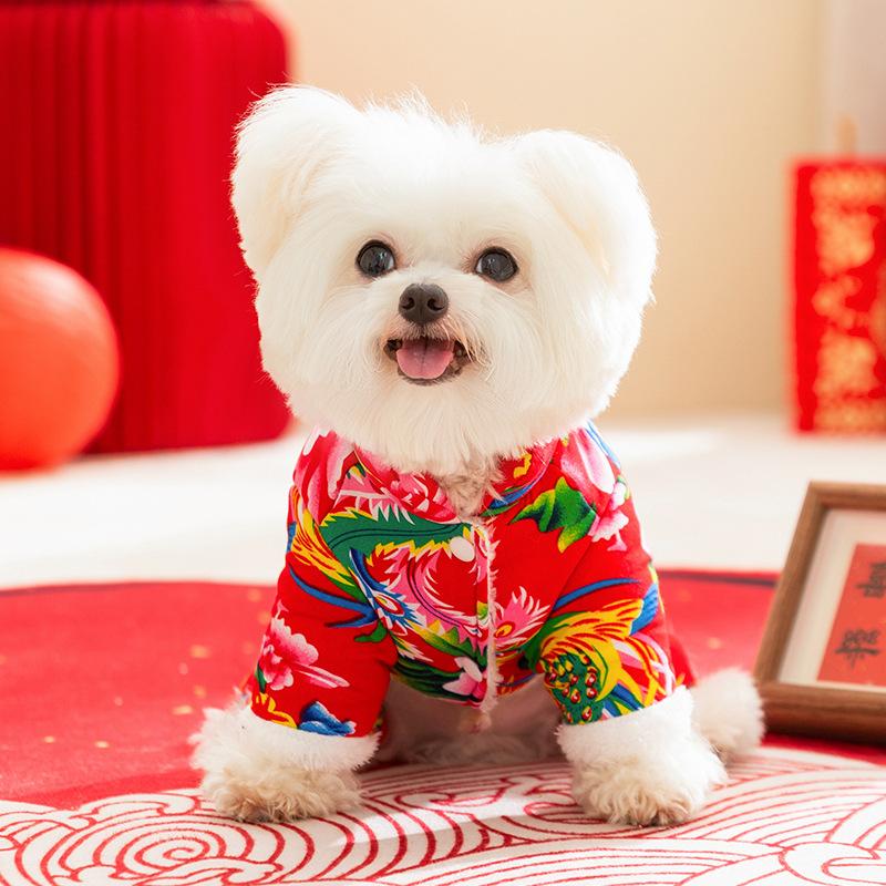 Festive Dog Clothes Big Flower Thickened Warm Small Dog Teddy Bear Can Pull Four-legged Pet Cotton Coat