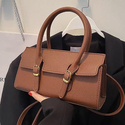Vintage Lychee Leather Texture Crossbody Bag Solid Commuter Handbag Women  New Fashion Design Portable High-Grade Square Bag