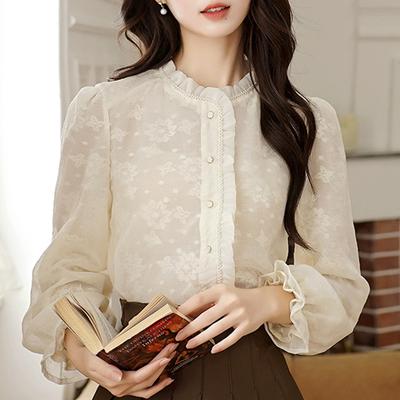 Moda Autunno Nuovo 2024 Manica Lunga Collo Alto Perline Pizzo Chiffon Camicetta Camicia Donna Top Camicette Camicie J427