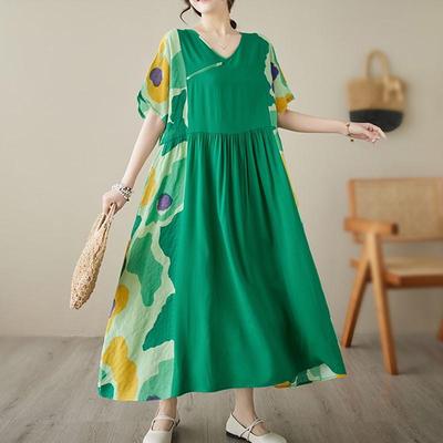 Short Sleeve Plus Size Cotton Vintage Floral New In Dresses for Women Casual Loose Long Summer Dress