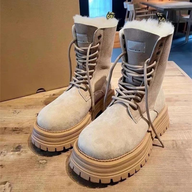 Flats Platform Mid Calf Women Boots Winter 2025 Trend Women Shoes Retro Suede Lace Up Fashion Short Plush Warm Gladiator Boots
