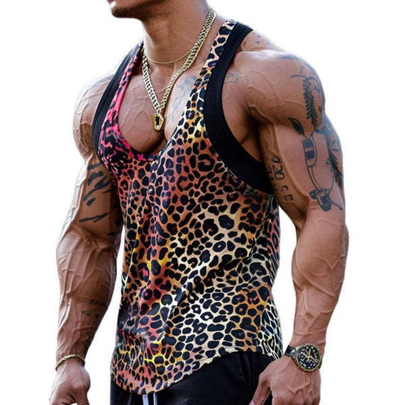 Mens Gradient Leopard Print Deep V Neck Sleeveless Gym Tank Top S красный