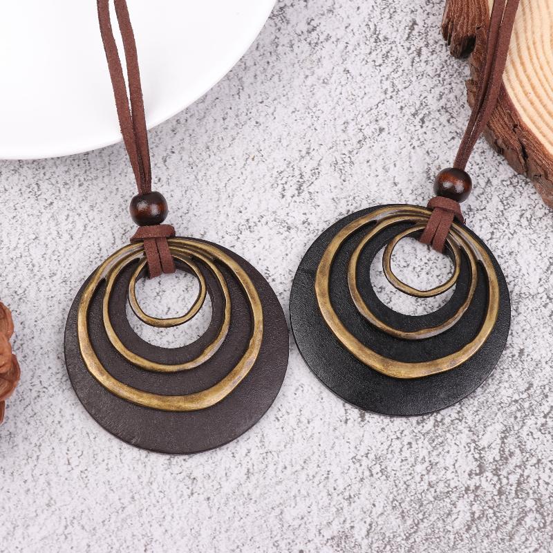 Leather Cord Chain Multilayer Geometric Circle Wooden Pendant Necklaces Vintage Long Sweater Necklace Jewelry Gifts