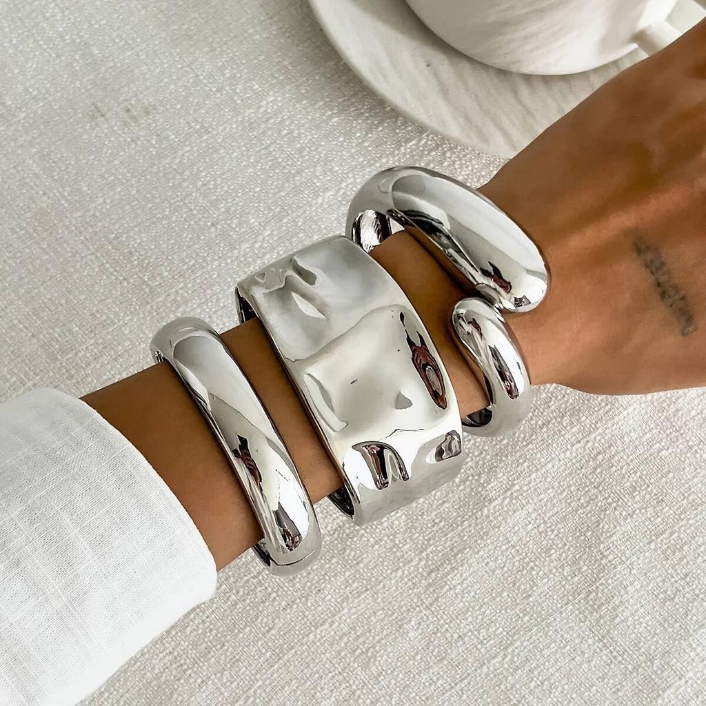 Salircon 3 Styles Exaggerated Punk Geometric Spring Bangle for Women Irregular Chunky Metal Cuff Bracelet Steampunk Jewelry Gift