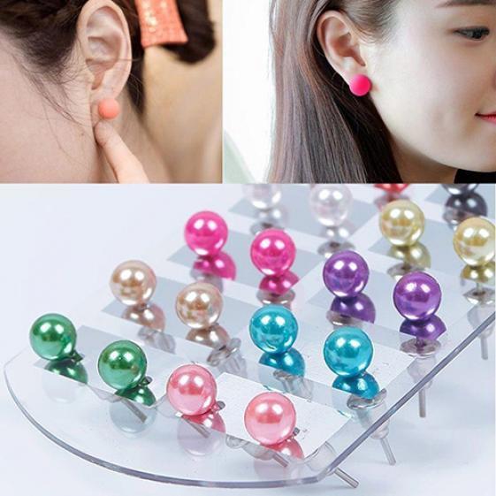 Women's 12 Pair Ear Stud Faux Pearl Round Ball Earrings Set Eardrop Multi-color
