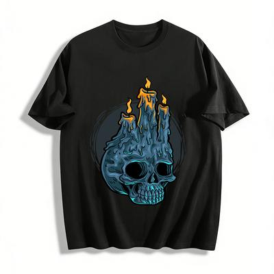Dark Style Skull Candle Print Trendy Street Casual Crewneck Top Pure Cotton T-shirt