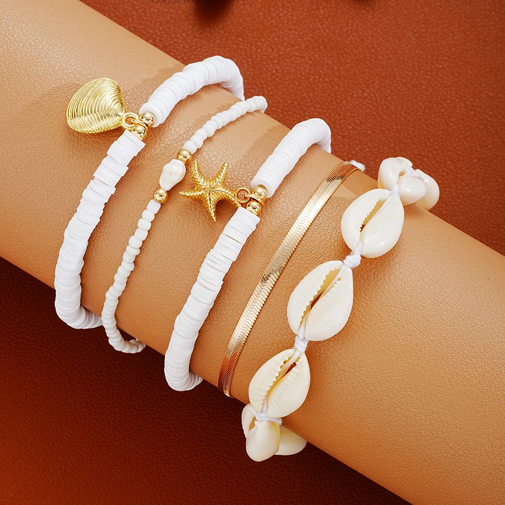 5PCS Boho Rice Beads Starfish Shell Pendant Anklets for Women Fashion Polymer Clay Foot Chains New Female Summer Beach Jewelry