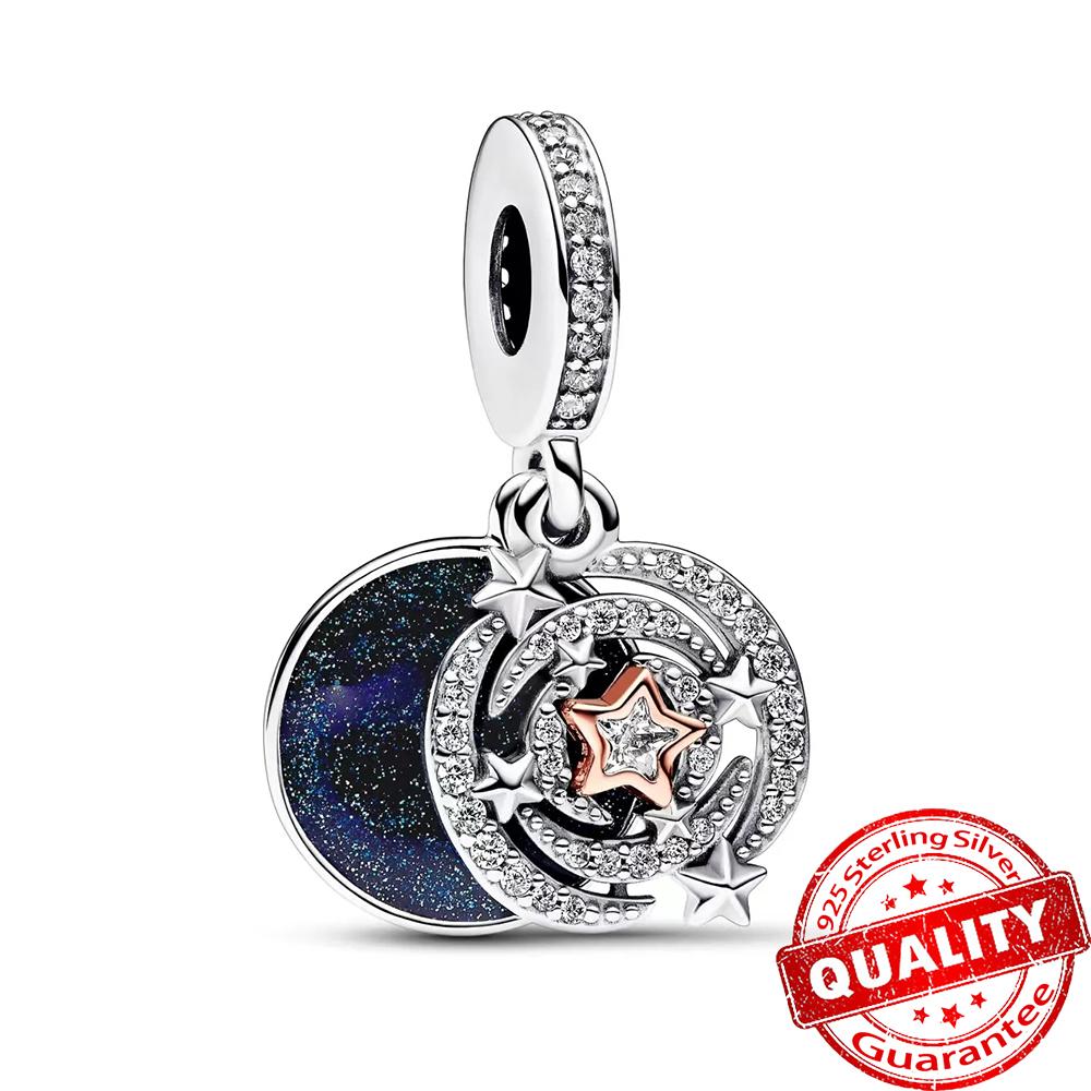 Autentyczny Miedziany Charms Błyszcząca Gwiazda Księżyc i Słońce Wisiorek Pasuje do Oryginalnych Bransoletek DIY Naszyjnik Damski Biżuteria Prezent