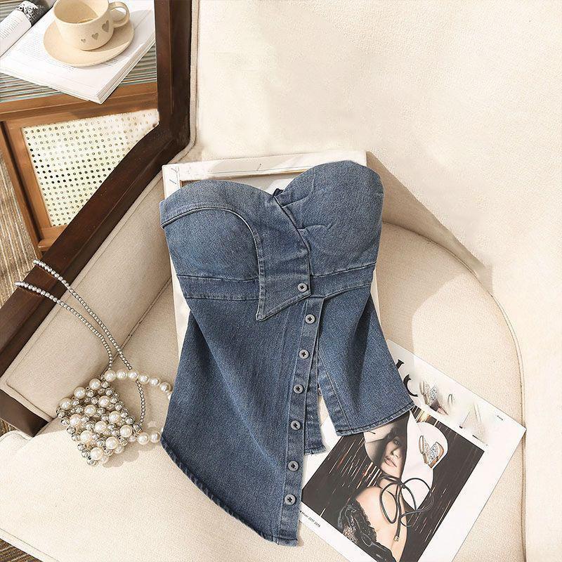 Sleeveless Denim Tops Sexy Women Summer Jeans Tanks Crop Top Removable Strapless Cowboy Bustier Corset