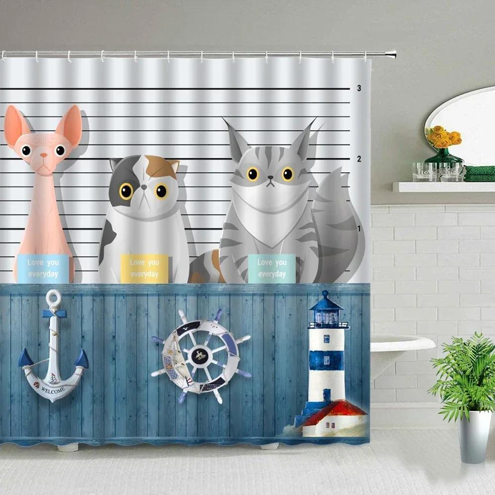 Funny Little Cat Dog Bathing Shower Curtain Cartoon Animals Printed Bathroom Curtain Set Waterproof Polyester Fabric Bath Screen