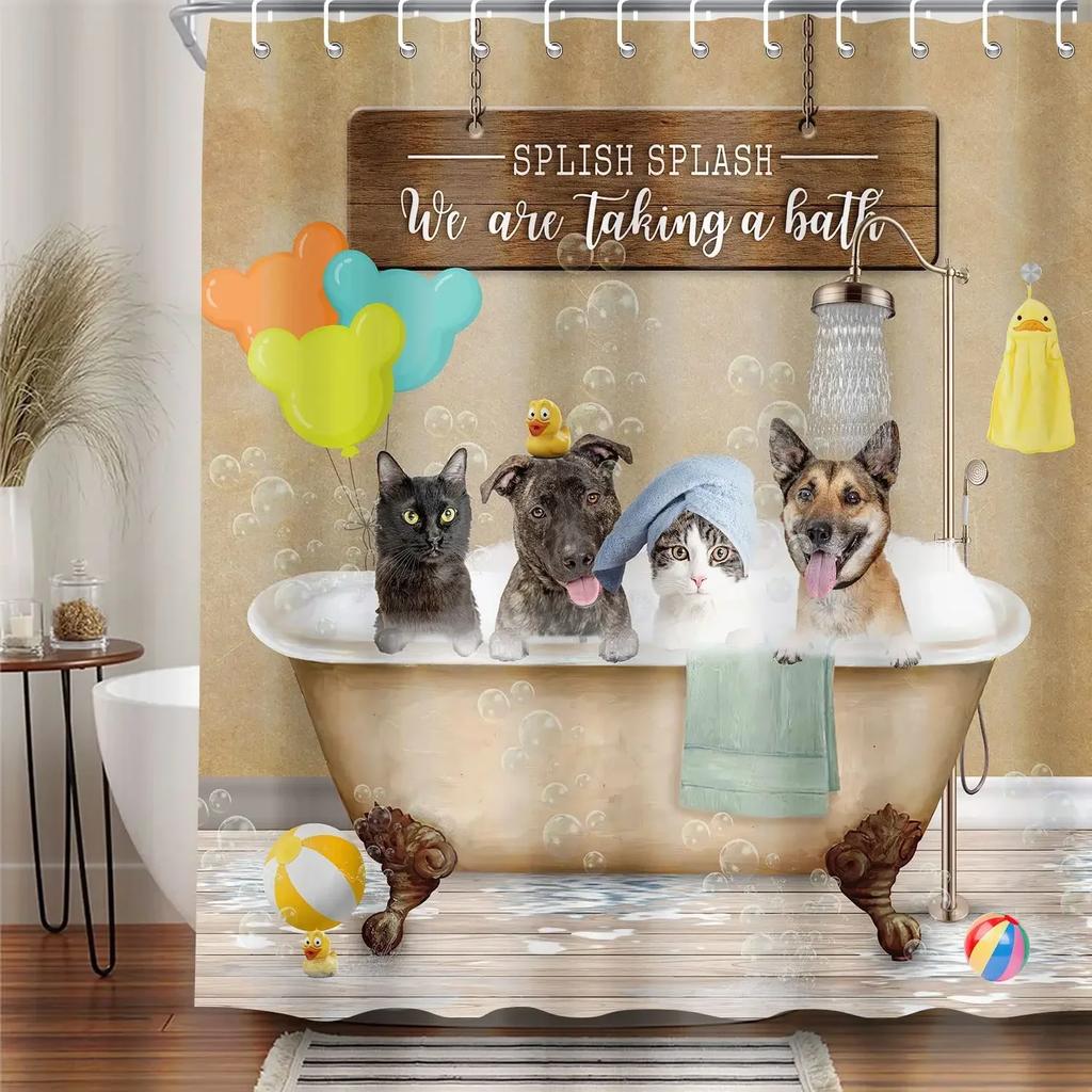 Cats and Dogs Shower Curtain Raining Cartoon Corgi Cute Animal Hilarious Pet Playing Water Polyester Waterproof Bathroom Curtain