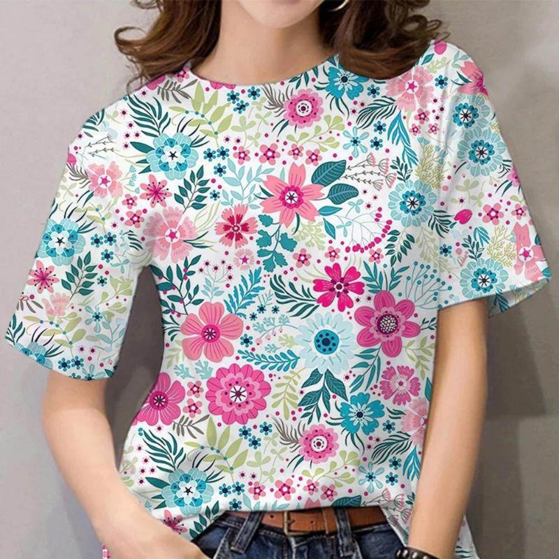 Moda Donna Girocollo Manica Corta Stampa Floreale 3D T-shirt a Manica Corta Girocollo con Fiori Colorati