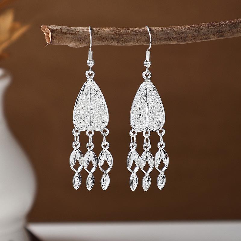 Ethnic Miao Silver Tassel Earrings - Retro Long Dangle Scenic Studs for Women