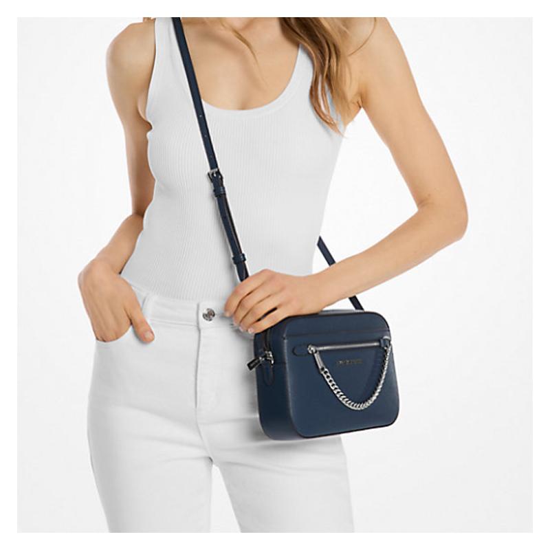 Michael Kors Jet Set Metal Logo Zip Closure Saffiano Leather Shoulder Crossbody Bag Large Women's Navy