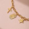 Golden Tone Stainless Steel Multi-Charm Bracelet with Cross and Sun Pendants for Women