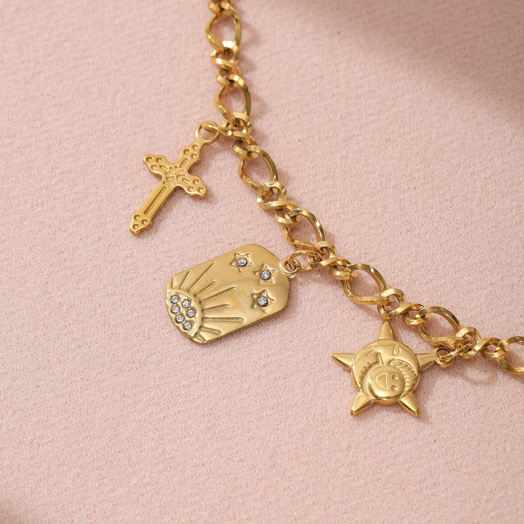 Golden Tone Stainless Steel Multi-Charm Bracelet with Cross and Sun Pendants for Women