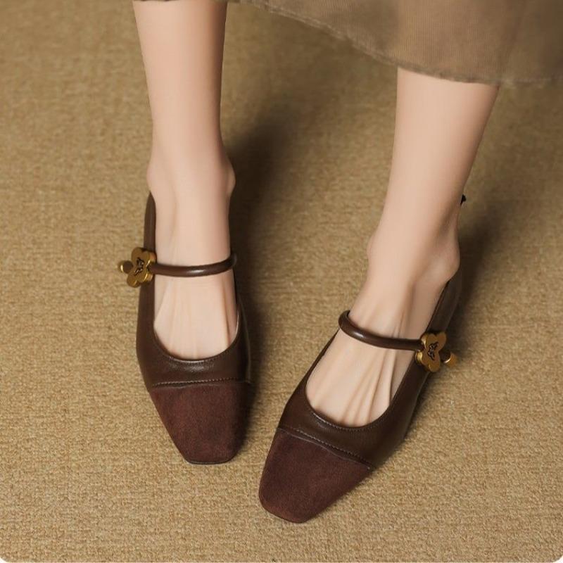 Fashion Vintage Brown Single Shoes Block Heel 2025 New Spliced One Strap Mary Jane Women's Shoes